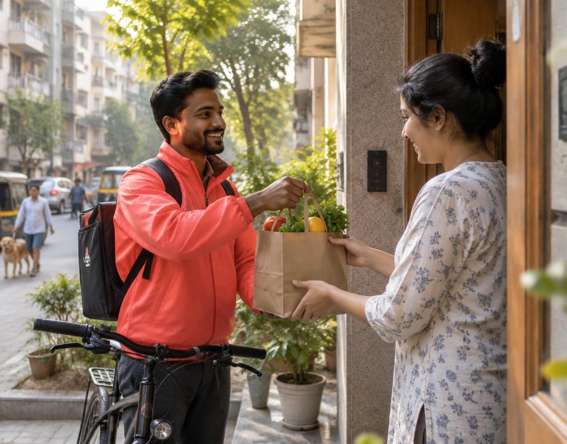 Turantoo delivery partner handing a bag of fresh groceries to a resident